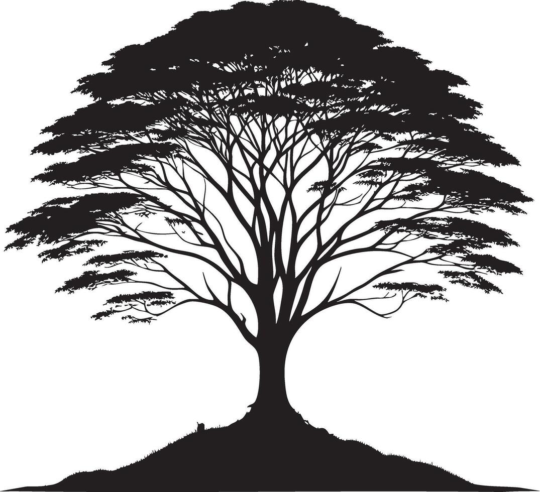 A black tree silhouette, a nature symbol with branches and roots, stands stark against white vector