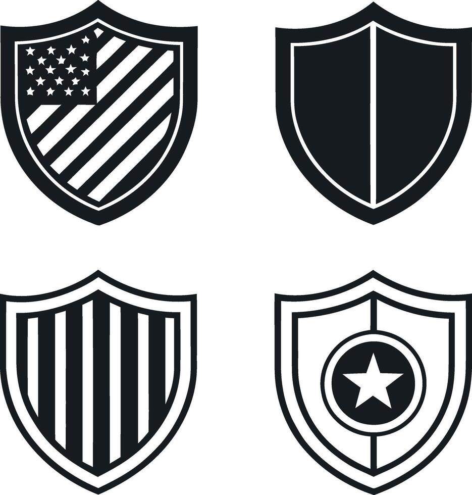 Four Unique Shield Designs Featuring Stripes Star and American Flag Perfect for Security Branding Logos vector