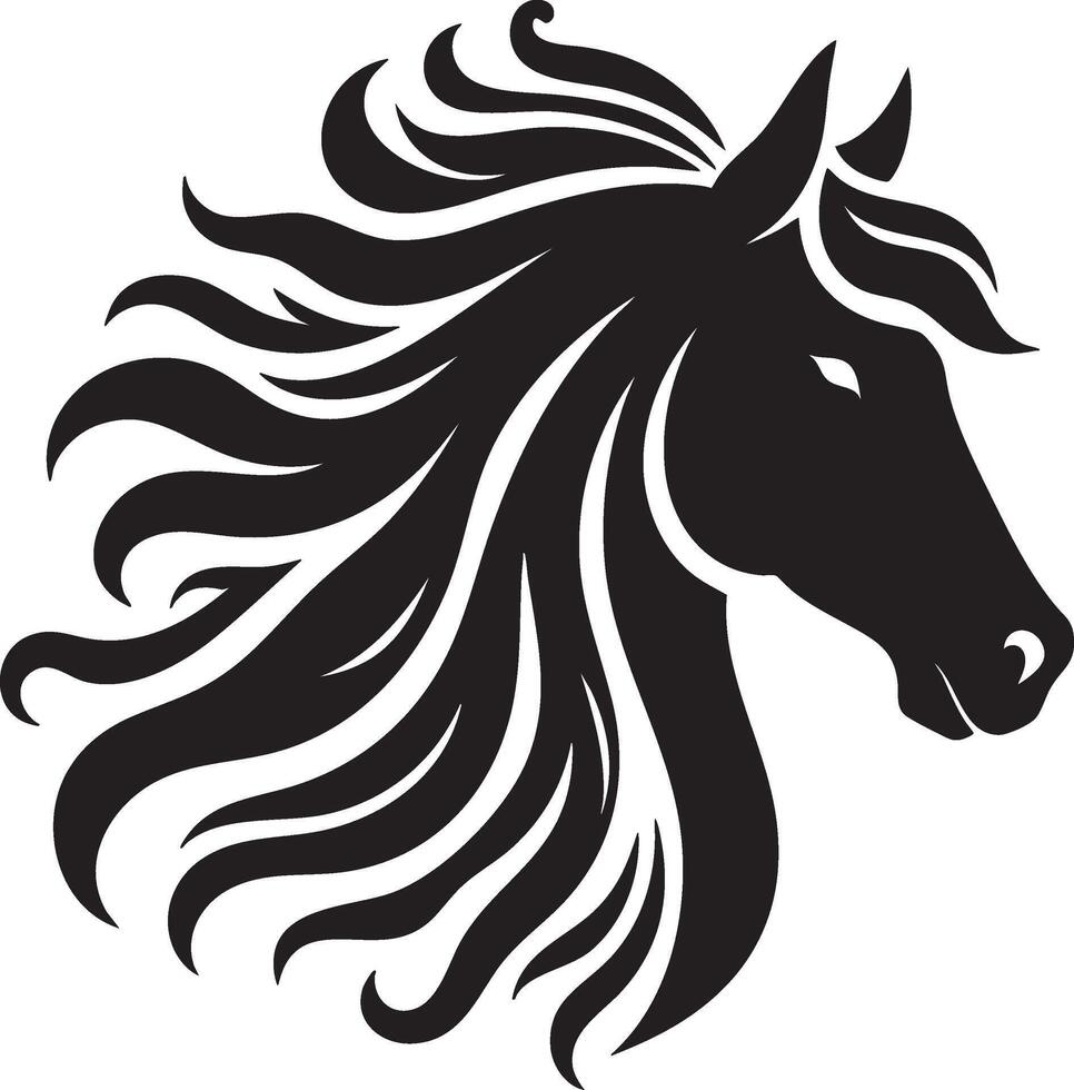A black horse head silhouette art illustration depicts a wild animal symbol with a flowing mane, suitable for a tattoo design vector
