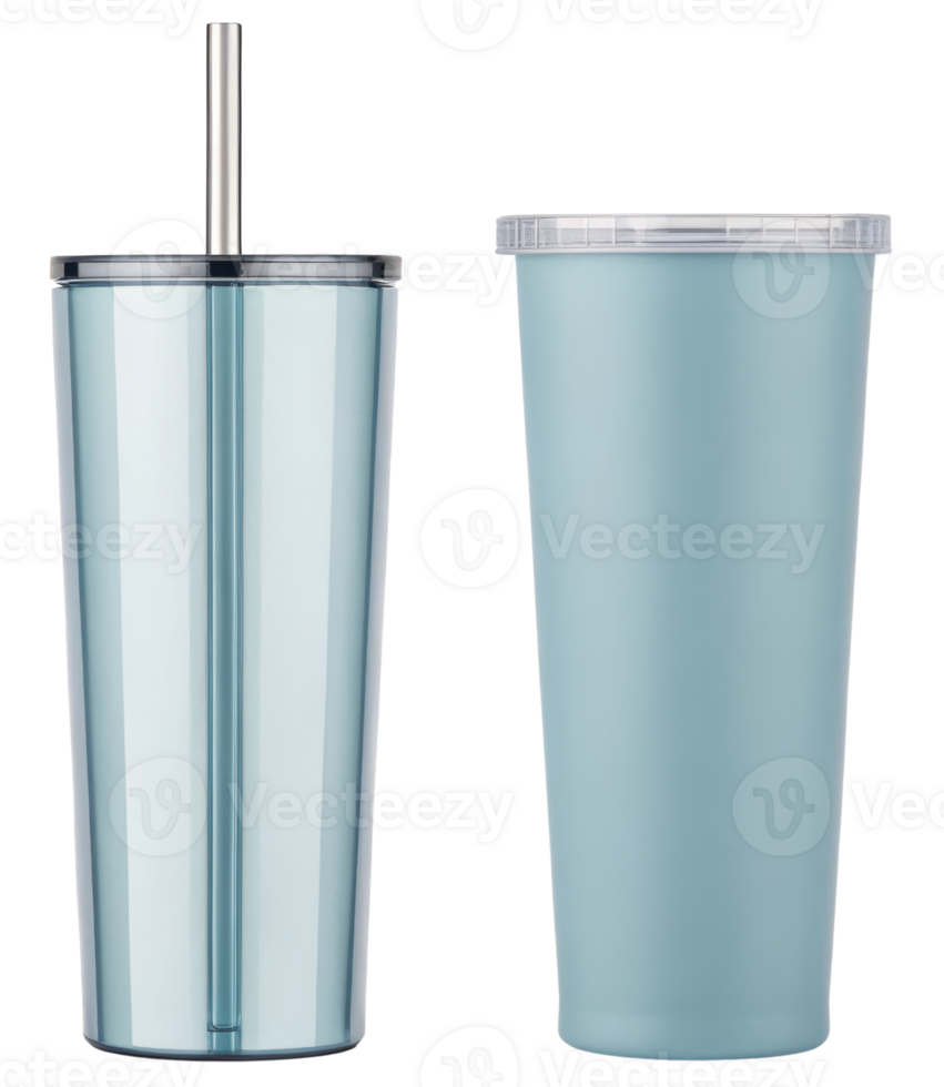 Stylish stainless steel and plastic tumblers for beverages on a transparent background png