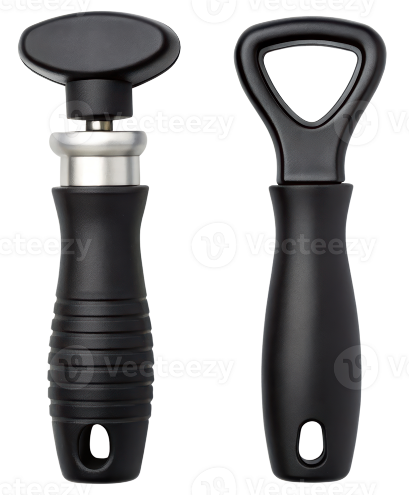 Black ergonomic bottle opener and corkscrew set with modern design on a transparent background png