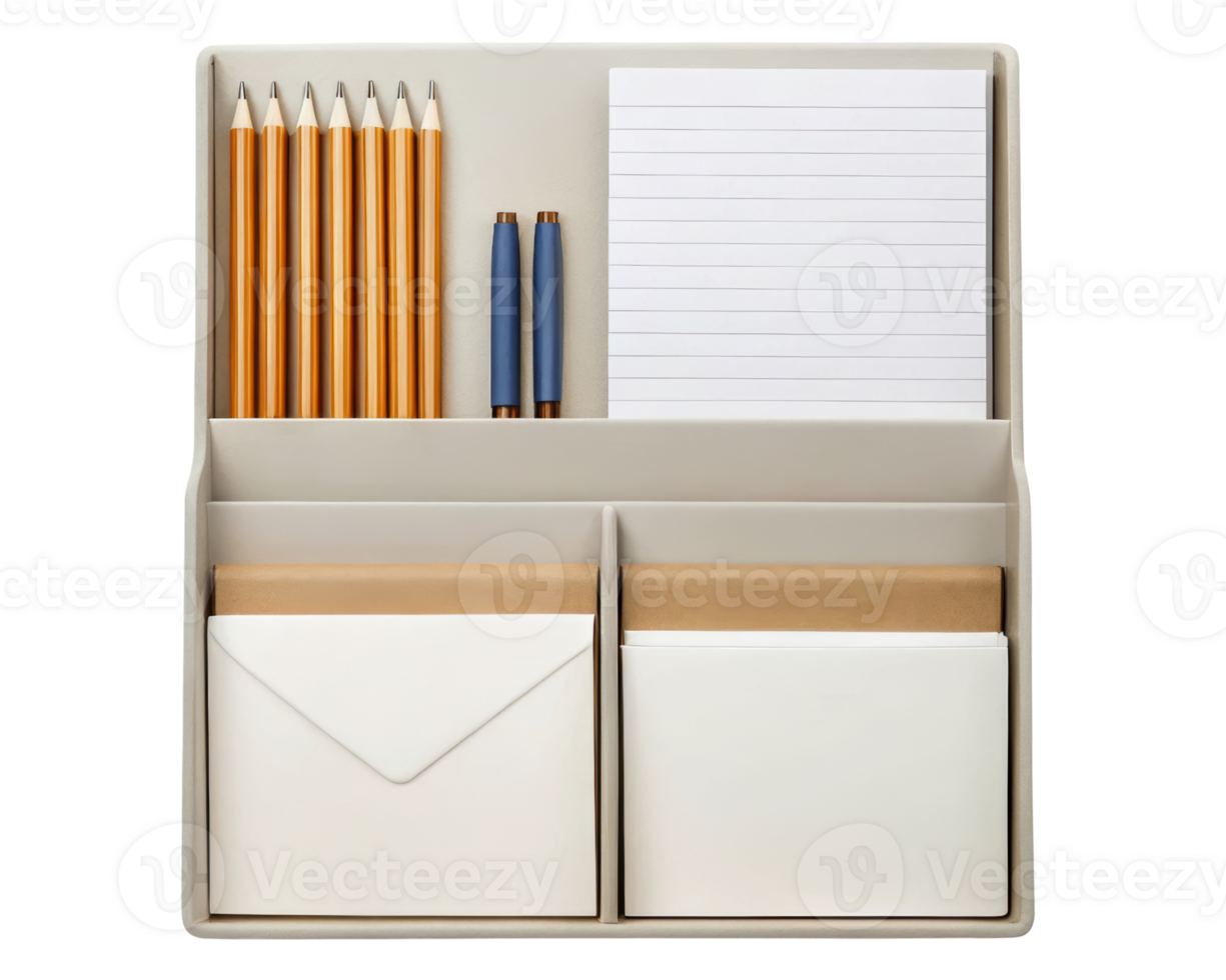 Office supply organizer featuring pens and notepads on a transparent background png