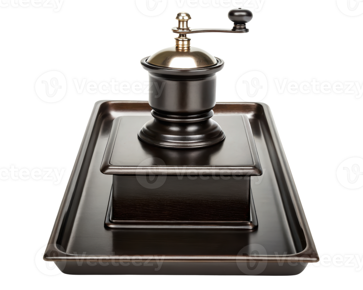 Antique coffee grinder displayed on a decorative tray on a transparent background png