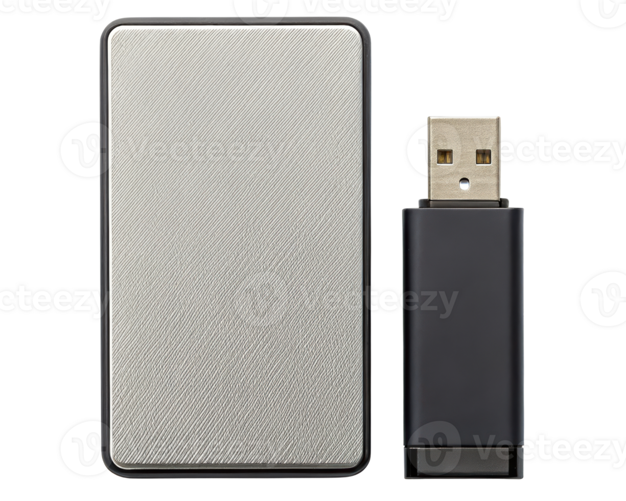Portable external drive and USB flash drive for storage on a transparent background png