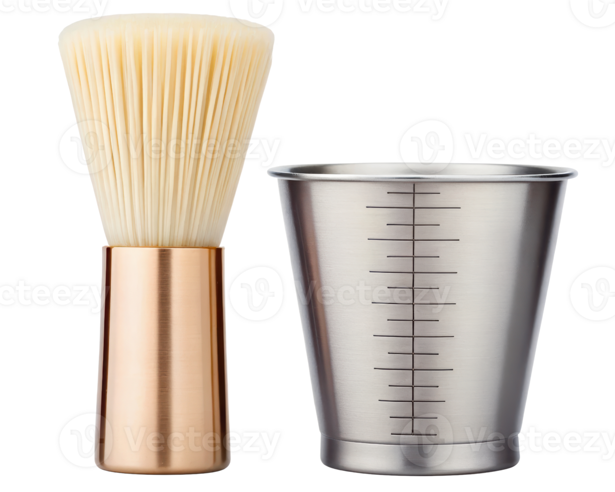 Shaving brush paired with a sleek measuring cup on a transparent background png