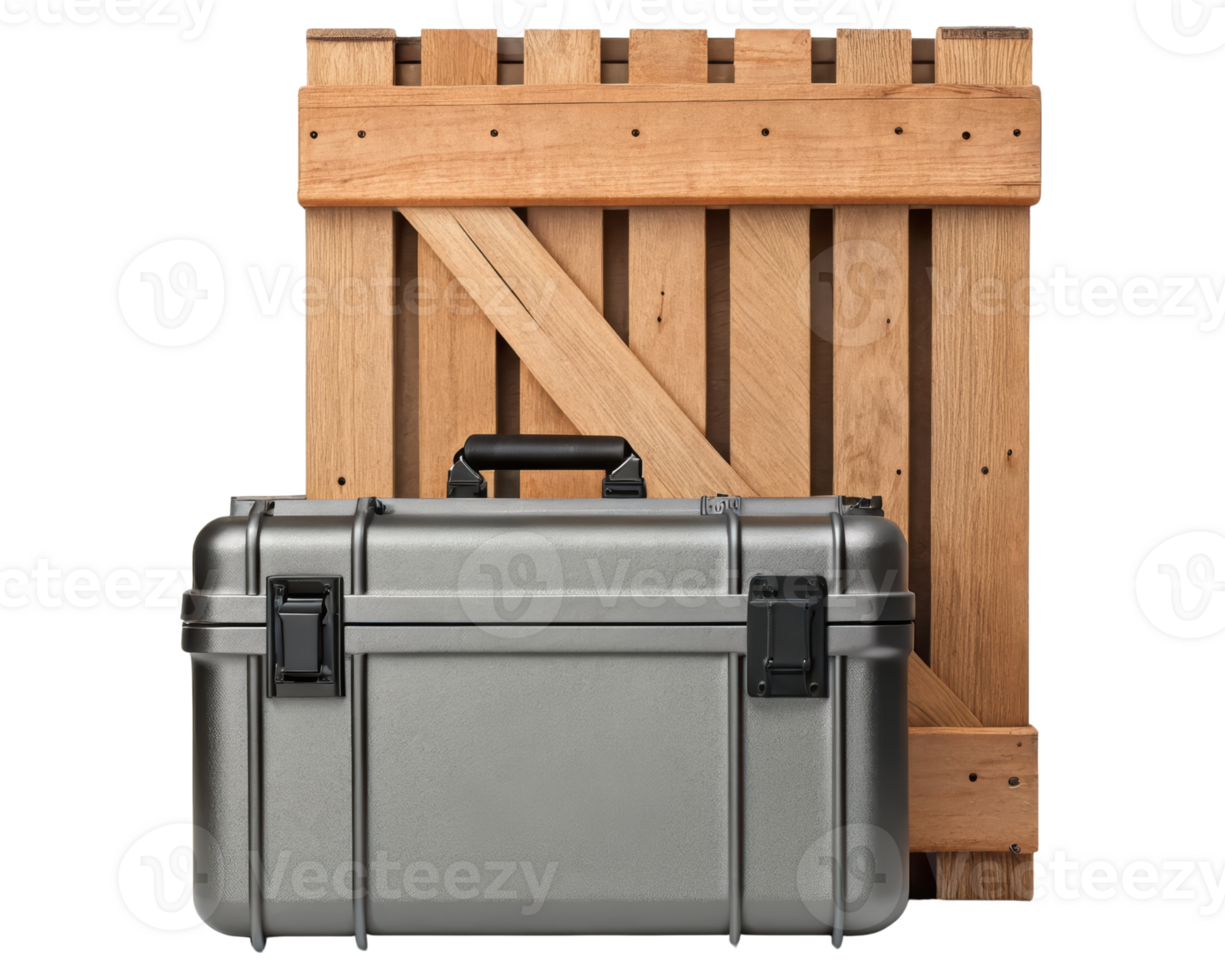 Durable storage case placed behind a wooden crate backdrop on a transparent background png