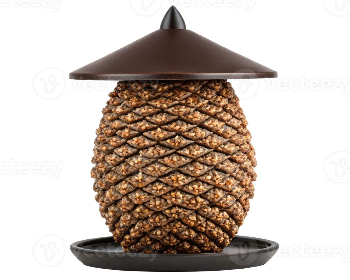 Artistic bird feeder shaped like a pine cone on a transparent background png