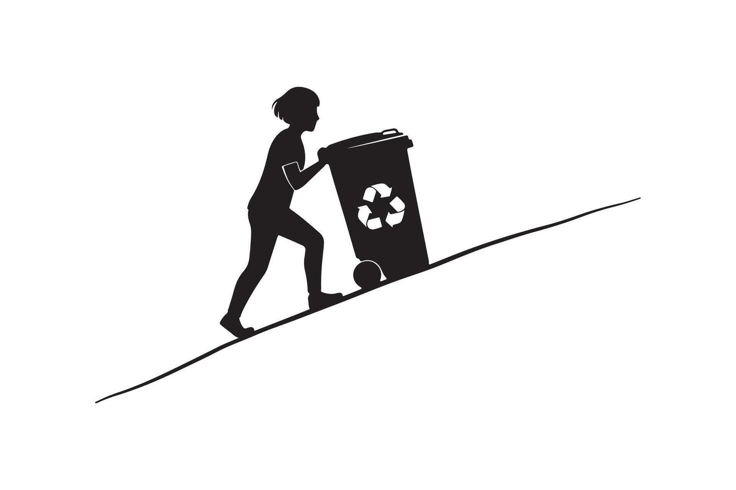 Recycling Concept Silhouette of a Child Moving Trash Bin vector