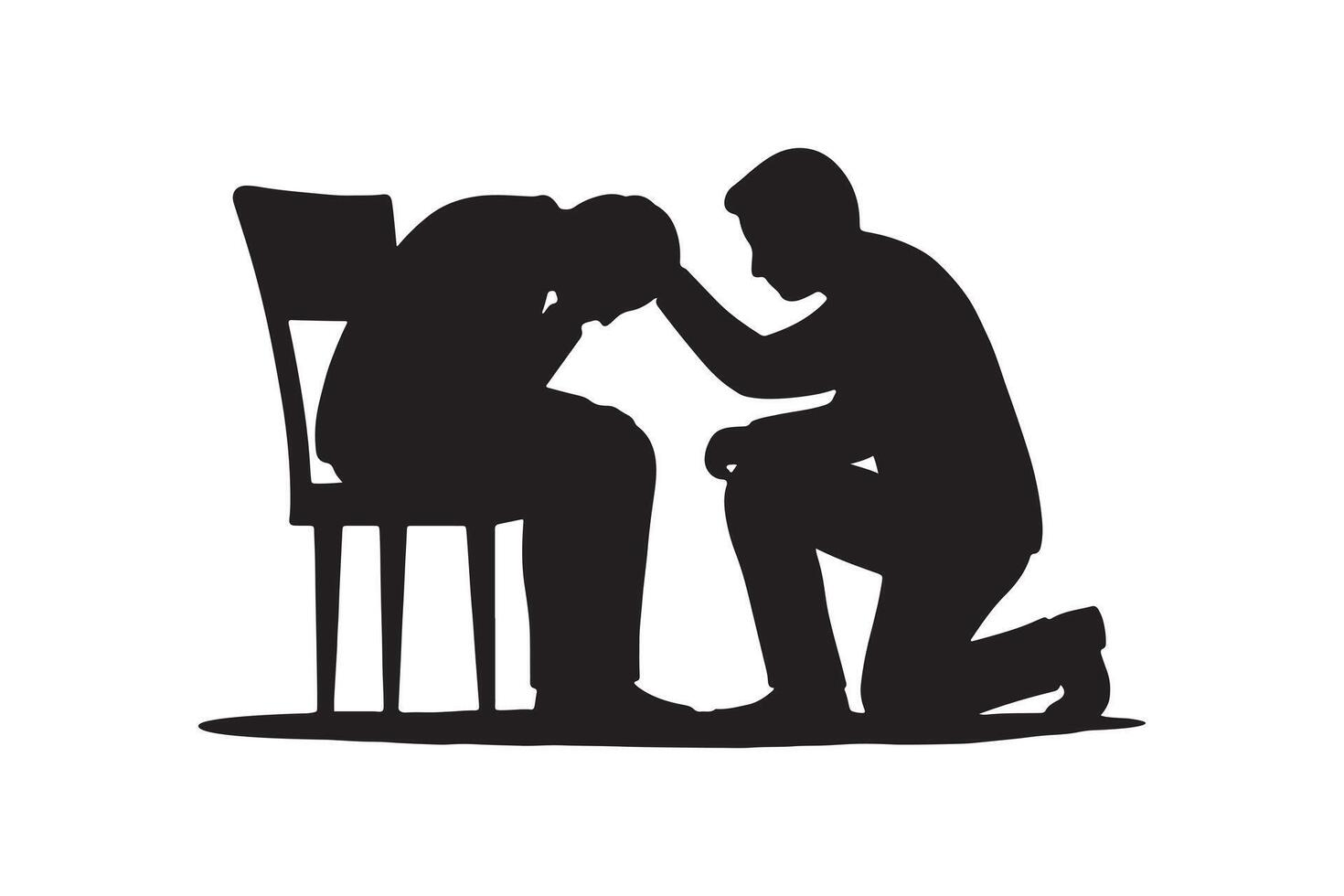 Comforting Silhouette Person Kneeling Beside Sad Individual Silhouette Design vector