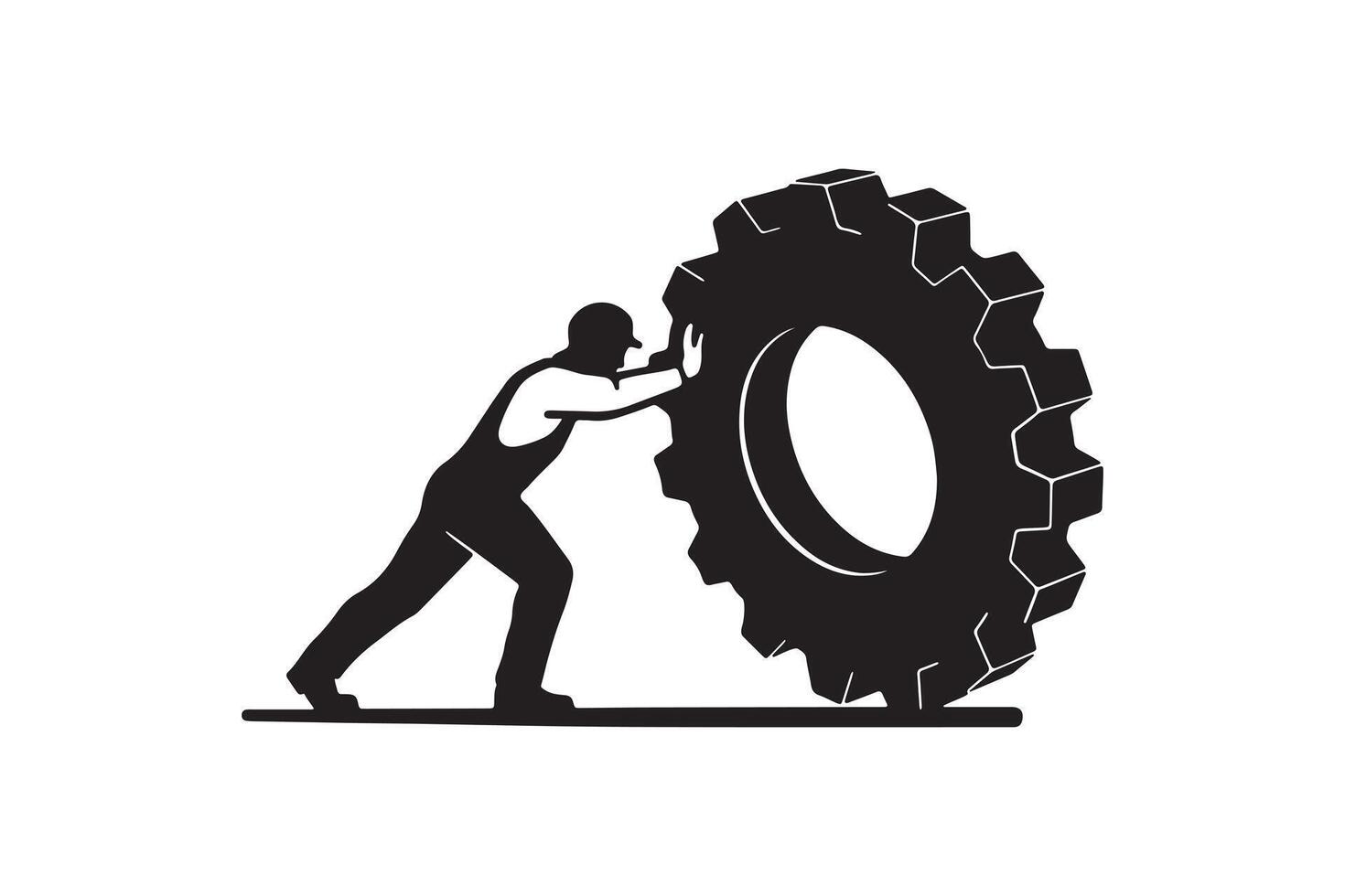 Silhouette of Person Moving Giant Mechanical Gear vector