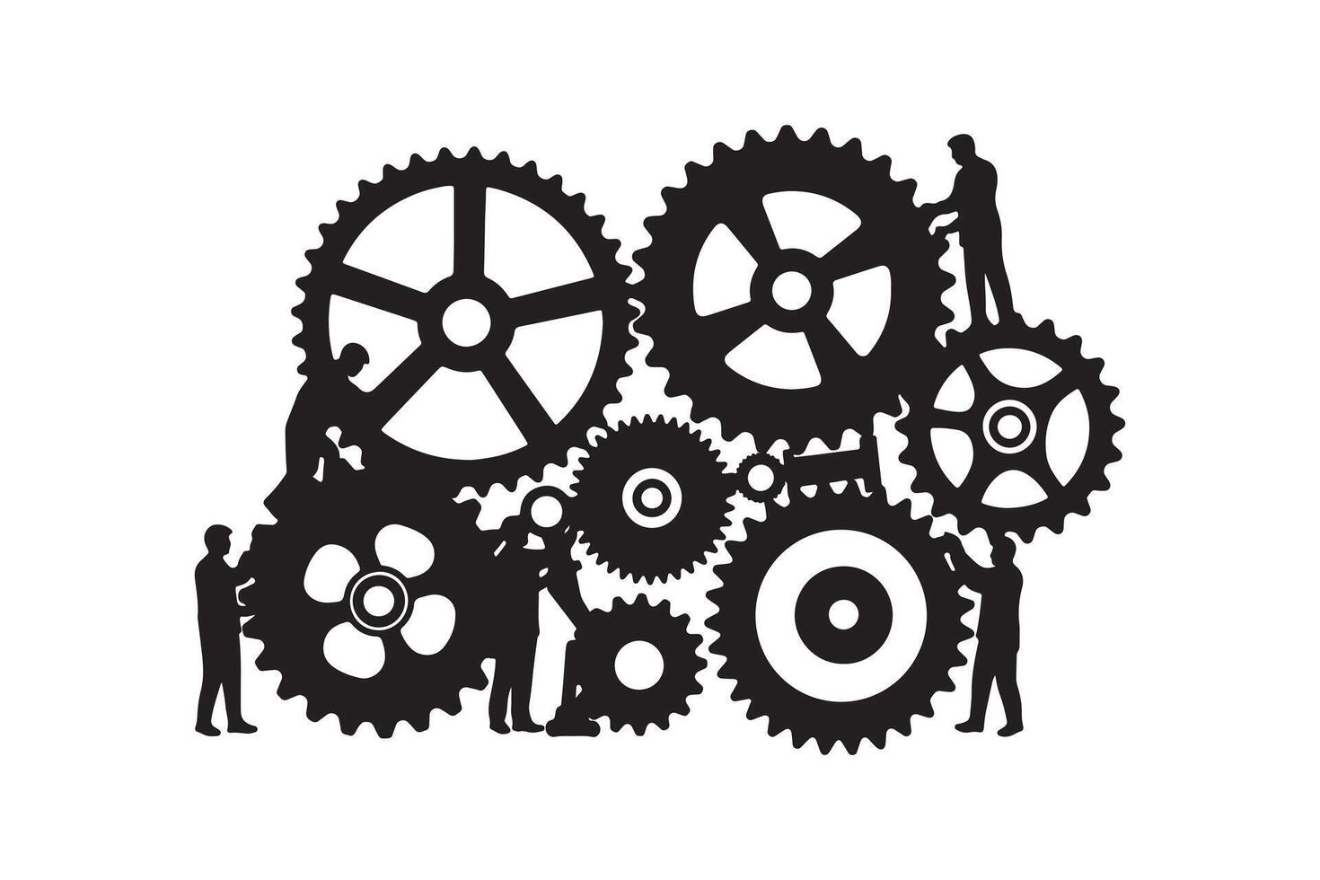 Workers Operating Machinery Gears in Silhouette Style vector