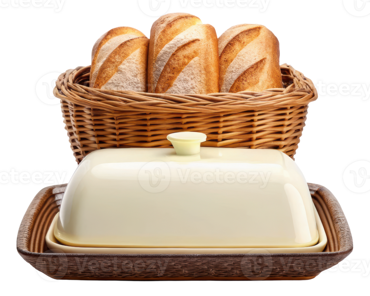 Woven basket with bread and a covered serving dish on a transparent background png