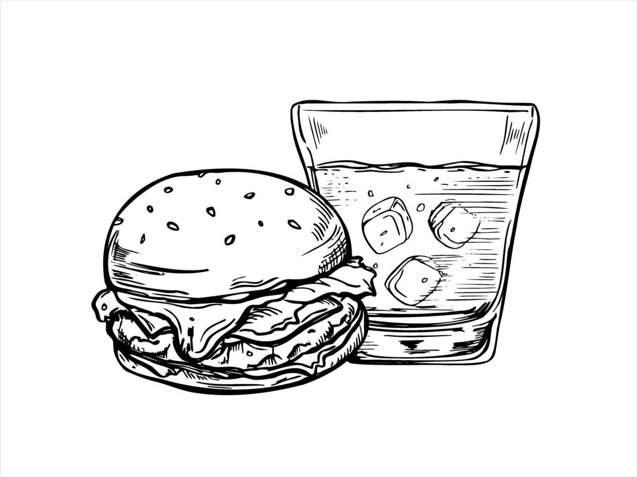 Monochrome burger and drink glass with ice black ink illustration. Etching drawing of beef patty with lettuce, tomato in sesame bun and cold beverage. Fast food for menus, food related designs vector