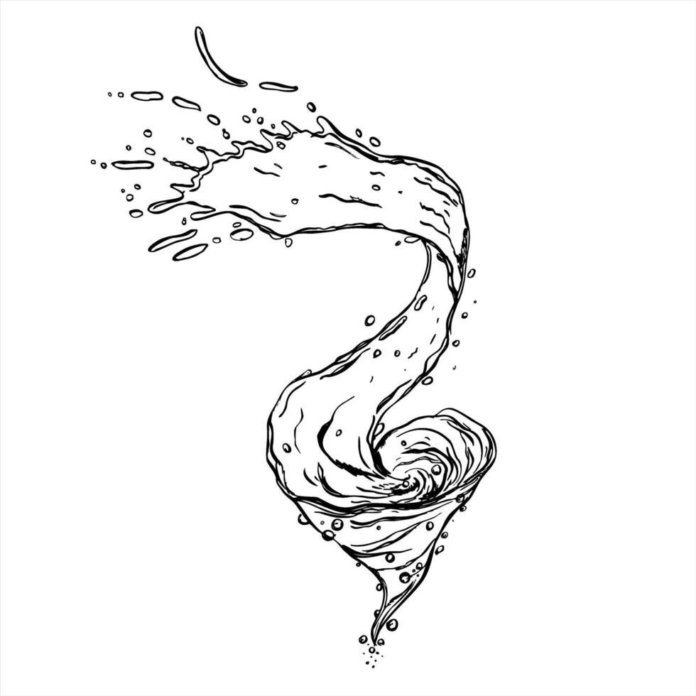 Dynamic monochrome illustration of water tornado with splashes painted by black inks. Swirling motion blends fluid lines and energetic droplets graphic sketch for beverage, summer cafe menus vector
