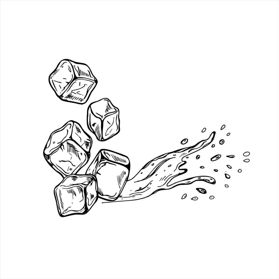 Dynamic illustration of ice cubes falling downward with explosive water splashes bursting from below. Frozen water cubes line art black ink sketch for labels, posters, or beverage branding vector