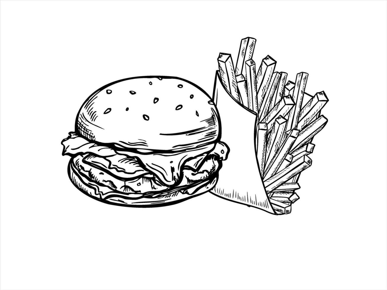 Monochrome burger and French fries in paper package black ink illustration. Etching drawing of beef patty with lettuce, tomato, onion in sesame bun and fried potato. Fast food line art style vector
