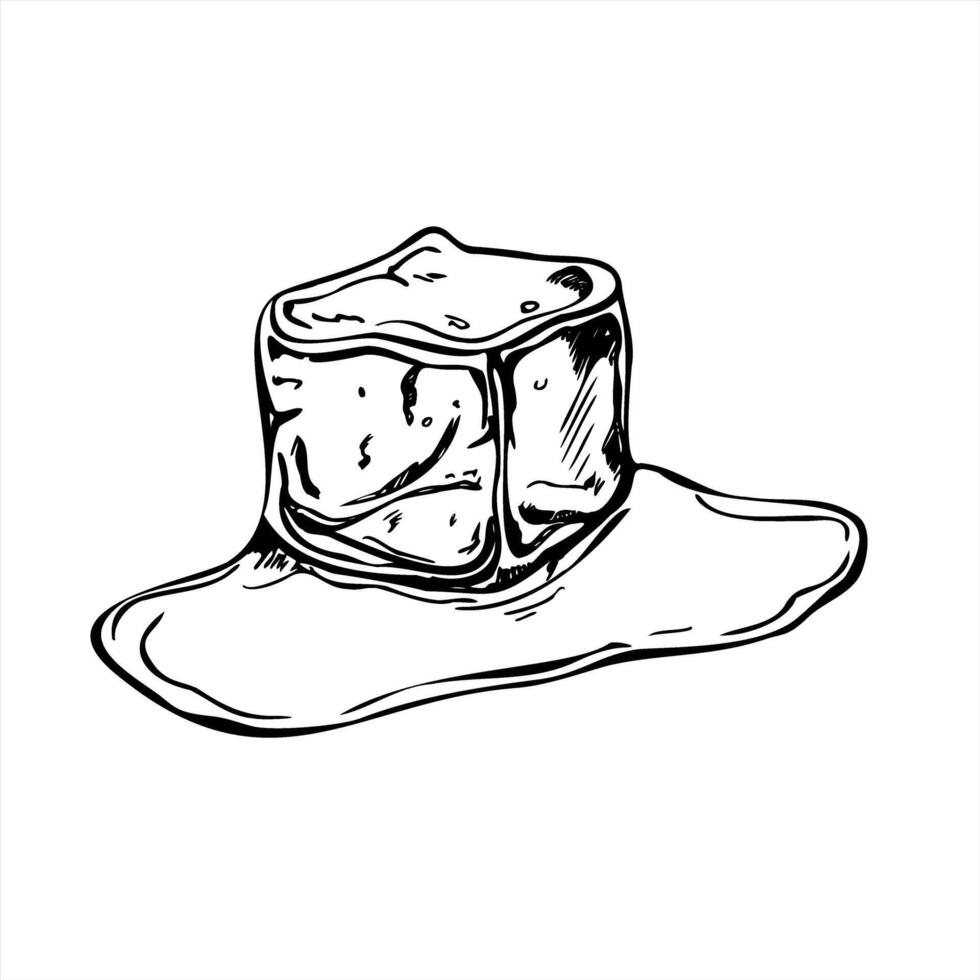 Monochrome ice cube melt in water puddle illustration black ink. Crystal freezer brick in clear liquid graphic sketch. For cocktail menus, food blogs, summer promotions, climate projects vector