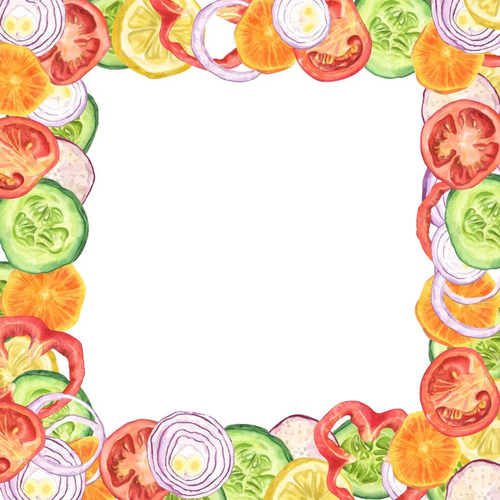Fresh sliced vegetables watercolor square frame with empty space for text. Tomato, onion, cucumber, red pepper, carrot, radish, and lemon hand drawn illustration isolated background. For menu, recipes vector