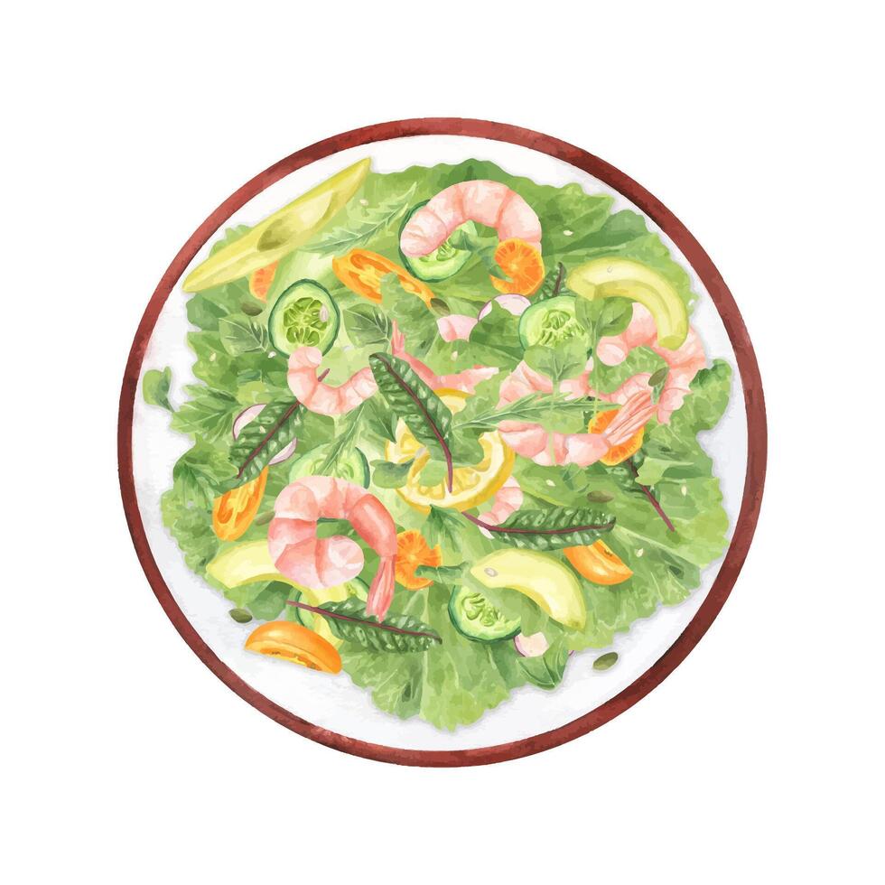 Shrimp salad with avocado, cucumber, tomatoes, greens in bowl watercolor illustration top view isolated background. Healthy food concept for recipe, cookbook, organic lifestyle content vector