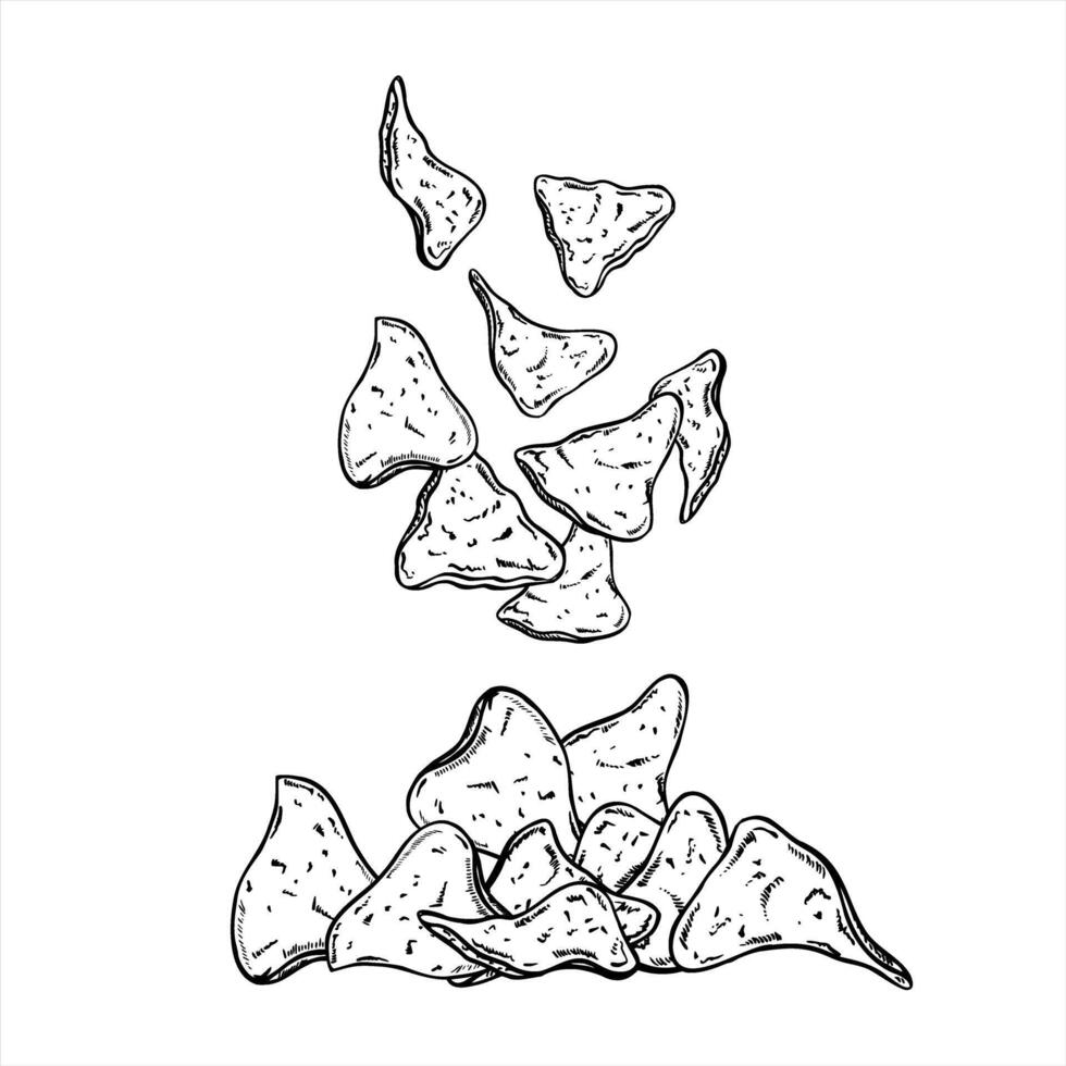 Nacho chips mid flight, chaotically falling into pile dynamic monochrome illustration painted by black inks. Mexican nachos for snack branding, food delivery apps, social media content vector
