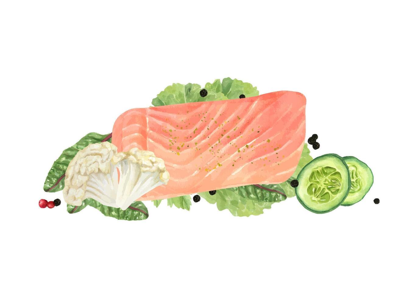 Watercolor salmon fillet with vegetables, black peppers, salad leaves illustration isolated background. Trout fish, cauliflower, cucumber slices hand painting seafood dish for menu, cookbook. Top view vector