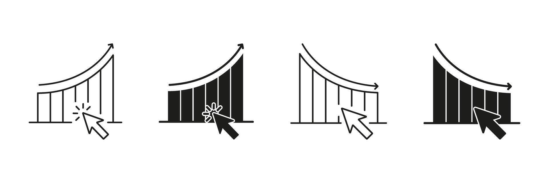 Graph With Arrow And Cursor Line And Solid Icon Set. Data Analysis, Growth, And Decline Tracking Symbol Collection. Business Performance And Click Interaction. Isolated Illustration vector