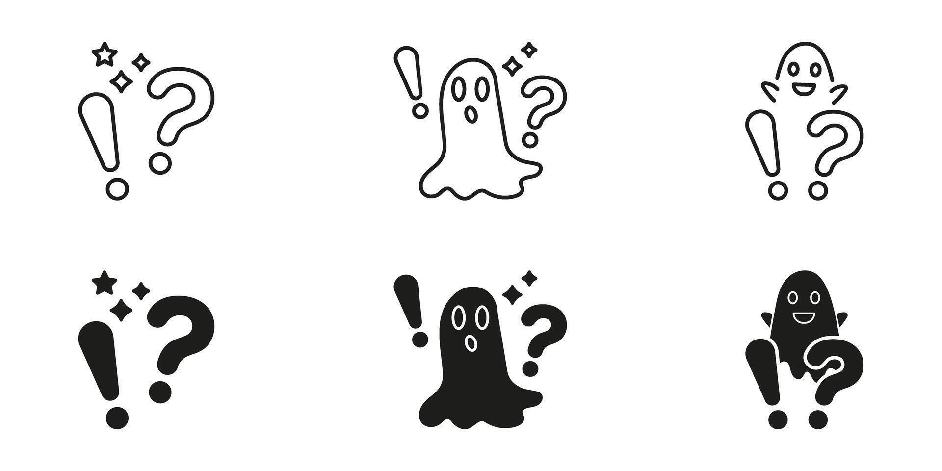 Curiosity, Surprise, Mystery Expression Symbol Collection. Halloween And Emotion Concept. Ghost With Exclamation And Question Marks Line And Solid Icon Set. Isolated Illustration vector