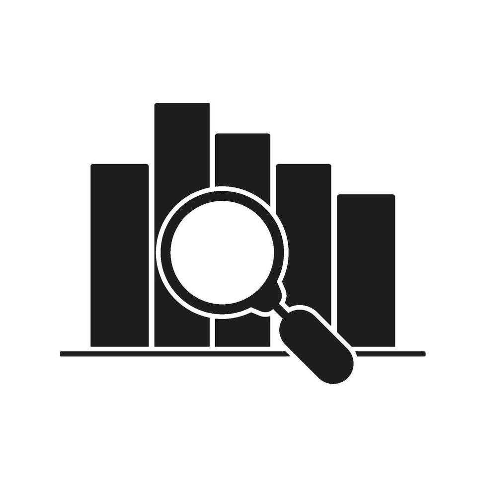 Bar Chart With Magnifying Glass Solid Icon. Data Analysis, Business Insights, And Statistical Evaluation Silhouette Symbol. Financial Research And Market Trends. Isolated Illustration vector