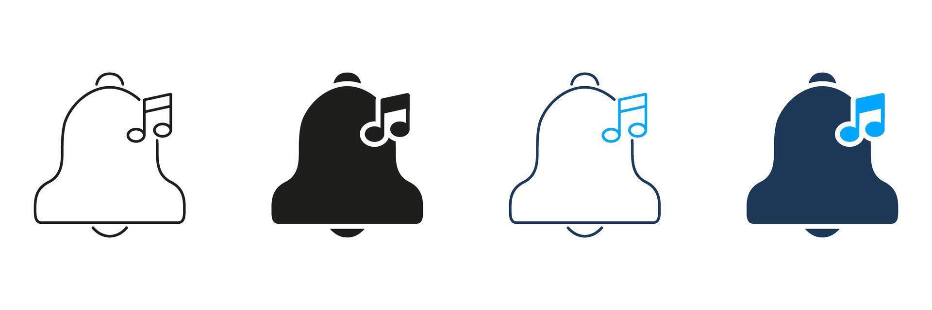 Bell With Music Note Line And Solid Icon Set. Notification Alert, Sound Reminder, And Audio Signal Silhouette Symbol Collection. Ringtone And Alarm Concept. Isolated Illustration vector