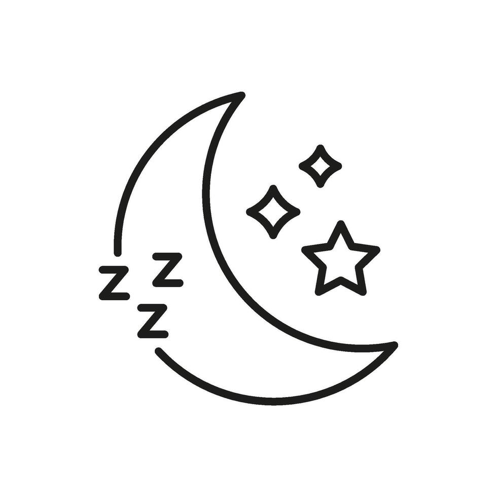 Crescent Moon With Stars And Sleep Symbol Line Icon. Nighttime Rest, Sleep Quality, And Relaxation Outline Symbol. Dream And Sleep Tracking. Editable Stroke. Isolated Illustration vector