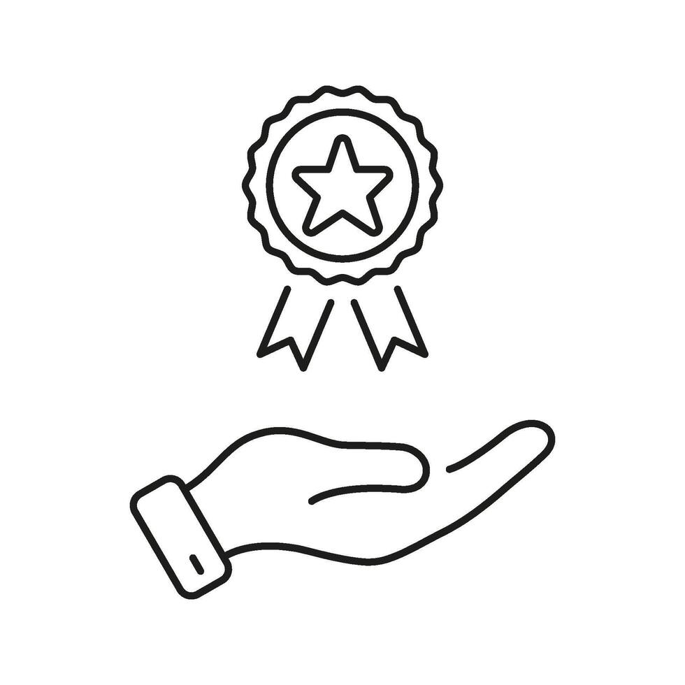 Hand Offering Award Ribbon Line Icon. Recognition, Achievement, And Excellence Symbol. Reward And Honor Representation. Editable Stroke. Isolated Illustration vector