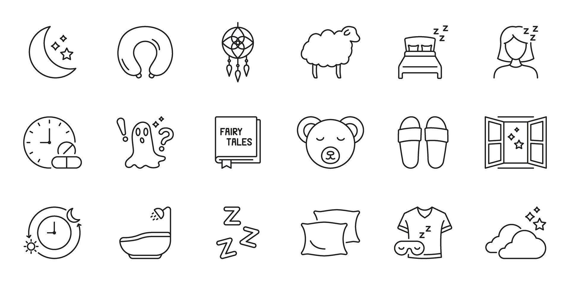 Sleep And Relaxation Line Icon Set. Nighttime Routine, Restful Sleep, And Dream Symbol Collection. Includes Moon, Pillow, Sleep Mask, And More. Editable Stroke. Isolated Illustration vector