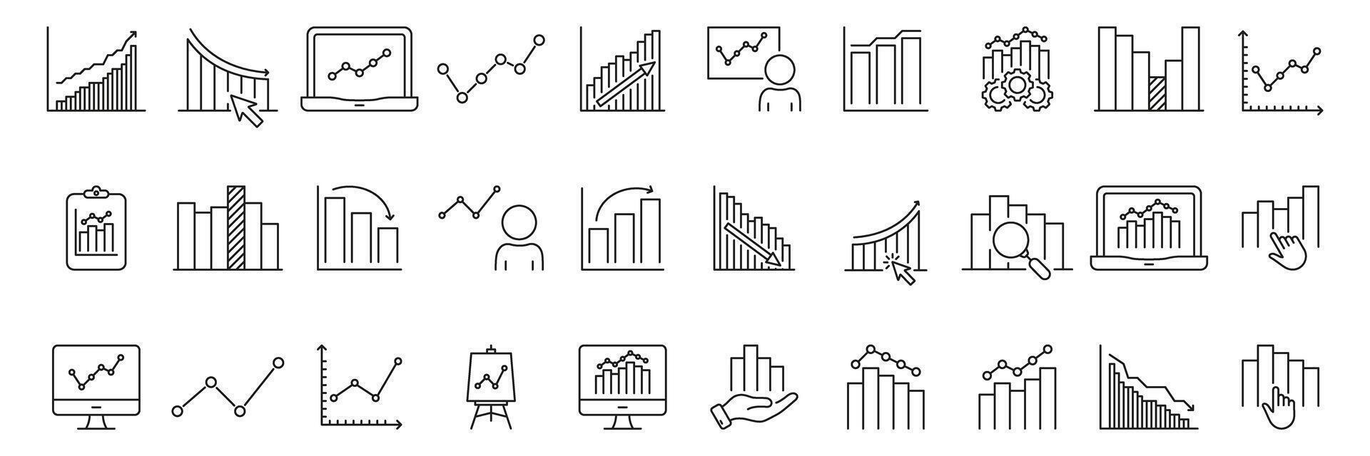 Business Analytics And Data Visualization Line Icon Set. Financial Growth, Market Trends, And Performance Analysis Outline Symbol Collection. Editable Stroke. Isolated Illustration vector