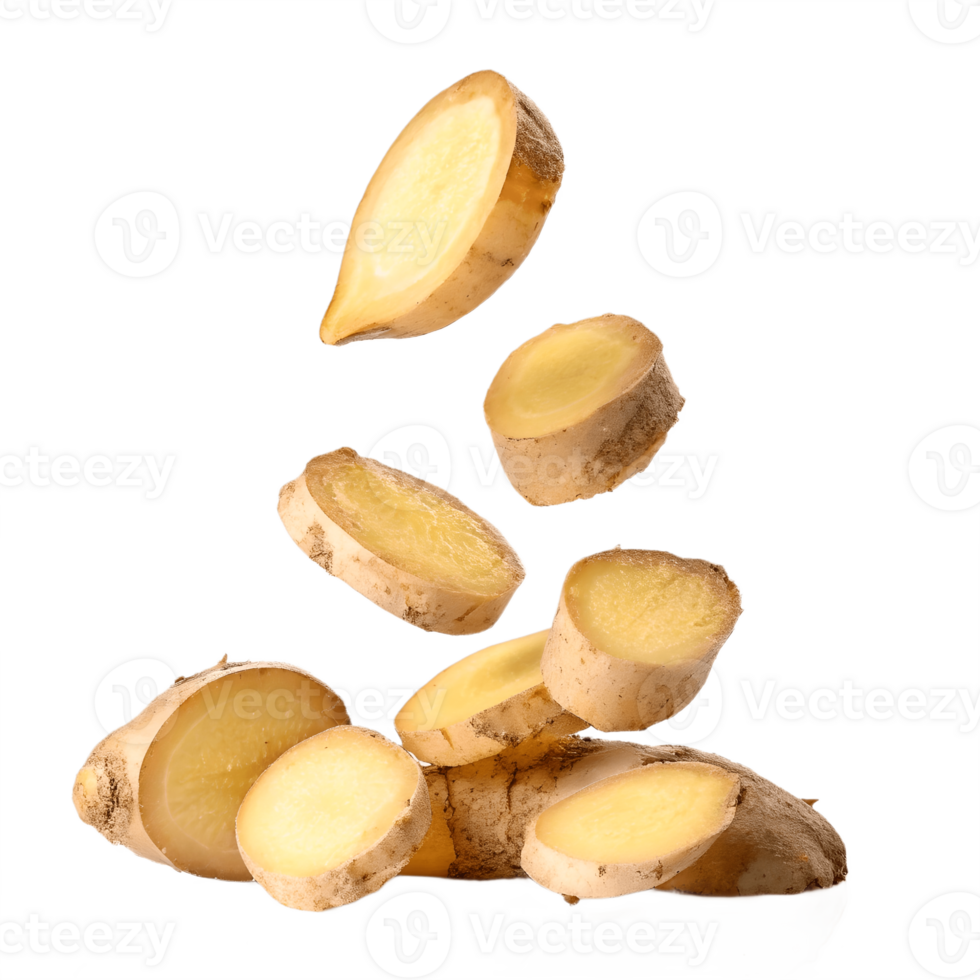 Fresh Ginger Slices Falling on Transparent Background png