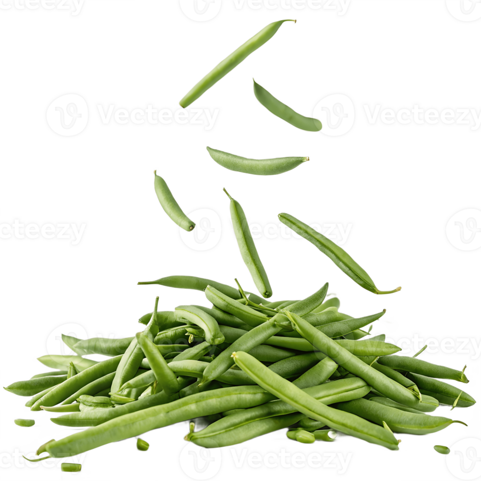 Fresh Green Beans Falling onto a Pile Isolated on Transparent Background png