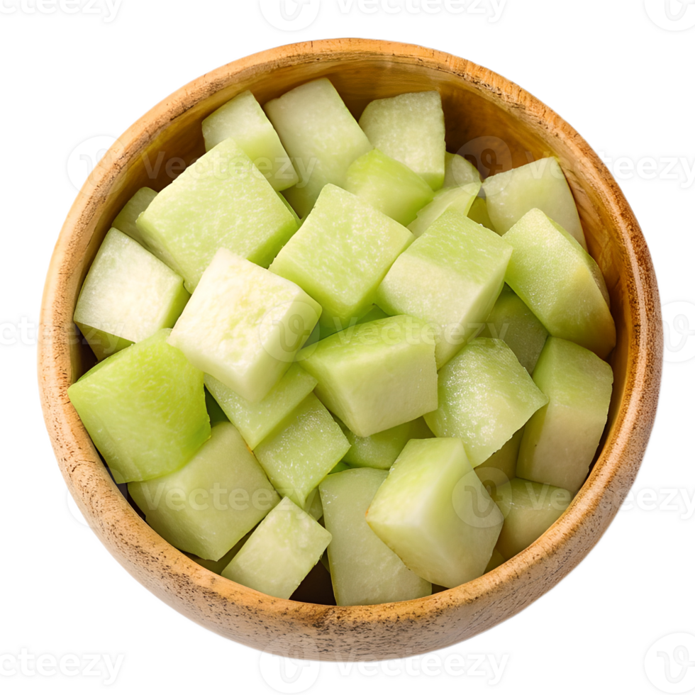 Fresh Honeydew Melon Cubes in Wooden Bowl Transparent Background fresh fruit png