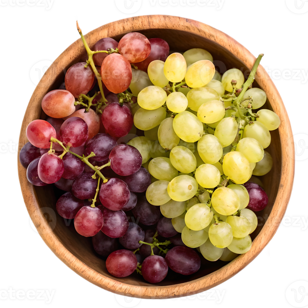 Colorful Grape Clusters in Wooden Bowl Overhead View Transparent Background natural png