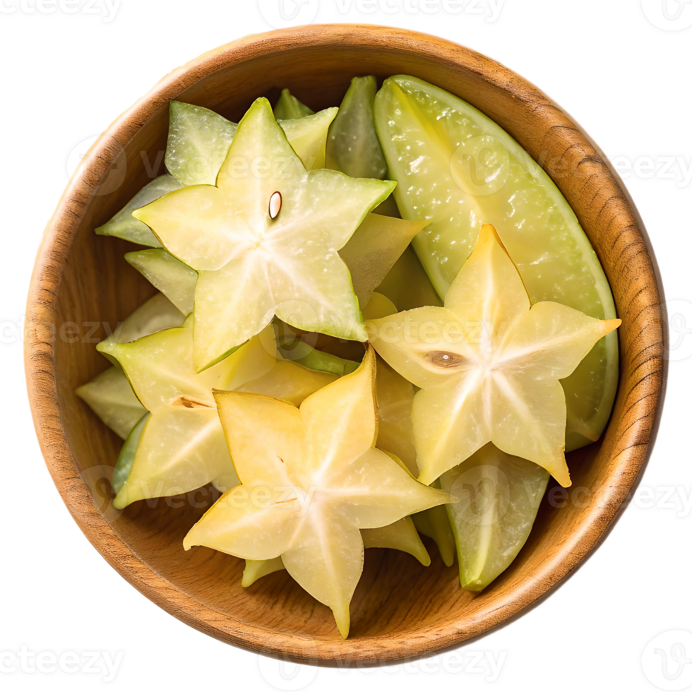 Fresh Star Fruit Slices in Wooden Bowl Overhead View Transparent Background png