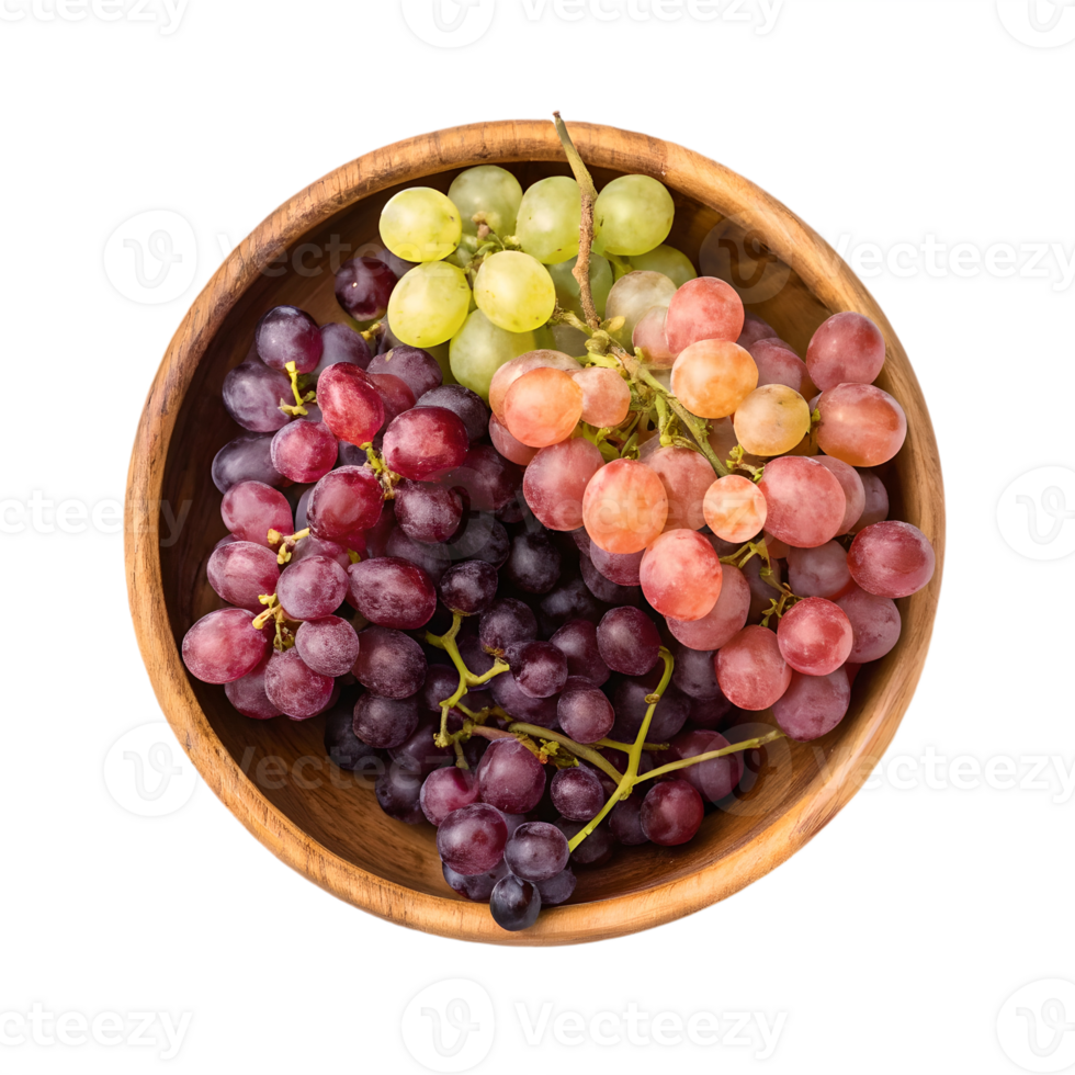 Fresh Grapes in Wooden Bowl Overhead View Transparent Background png