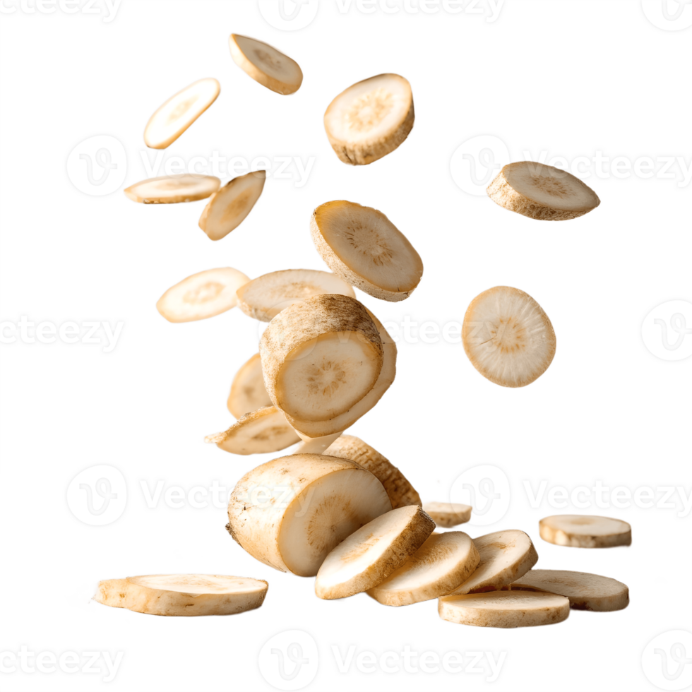Falling Parsnip Slices in Studio Lighting Transparent Background png