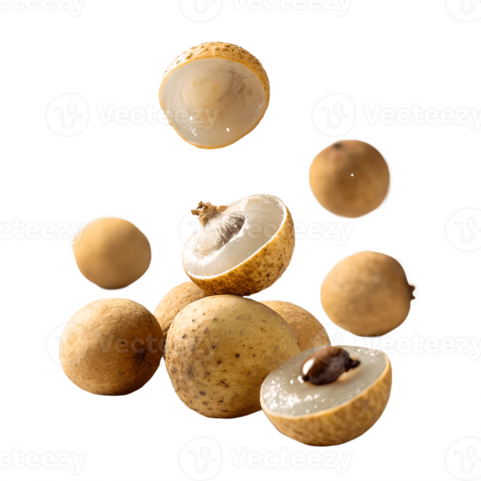 Falling Longan Fruit Halves Studio Shot Transparent Background png