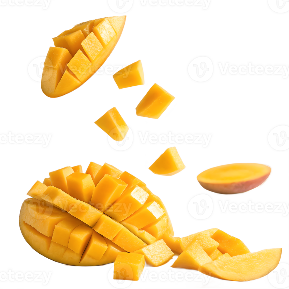 Fresh Mango Cubes Falling on Transparent Background png