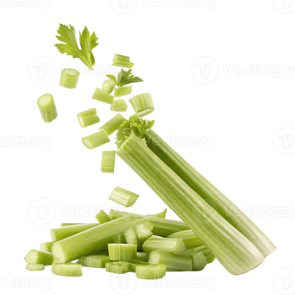 Fresh Celery Stalks Falling and Sliced on Transparent Background png