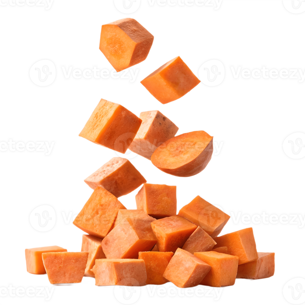 Falling Sweet Potato Cubes Isolated on Transparent Background png