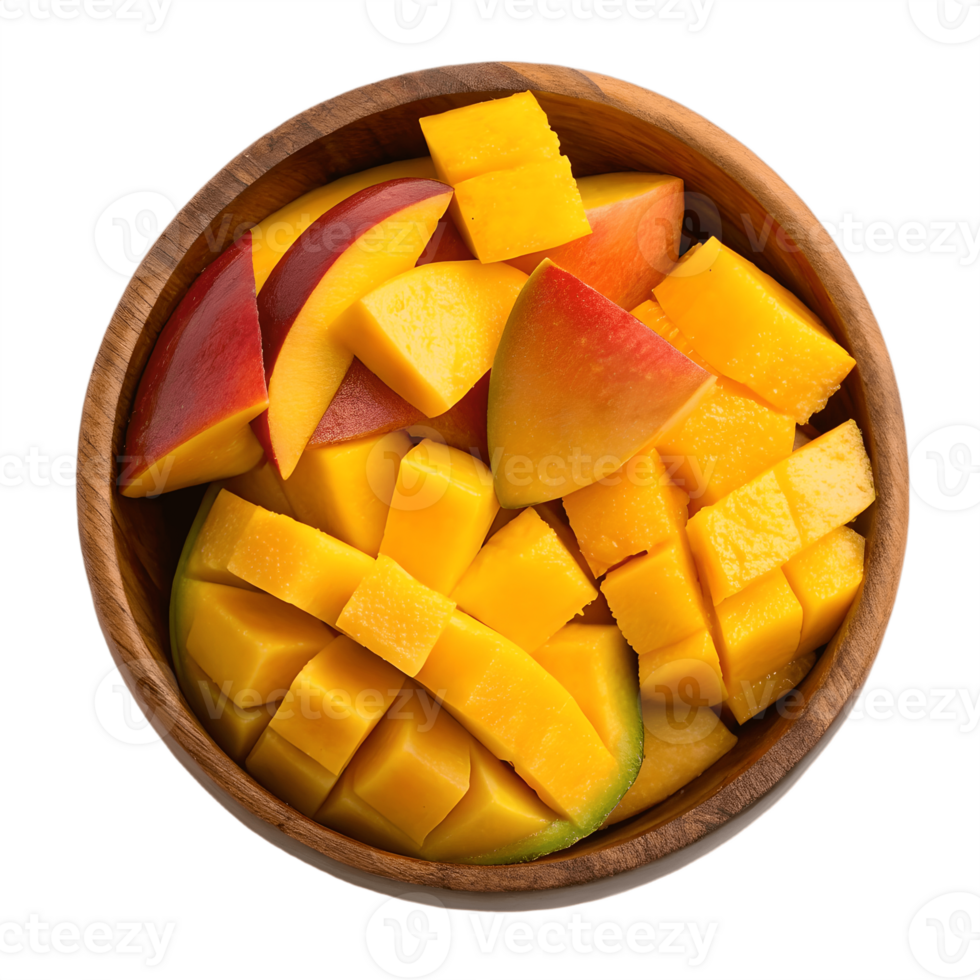 Fresh Mango Cubes in Wooden Bowl Overhead View Transparent Background png
