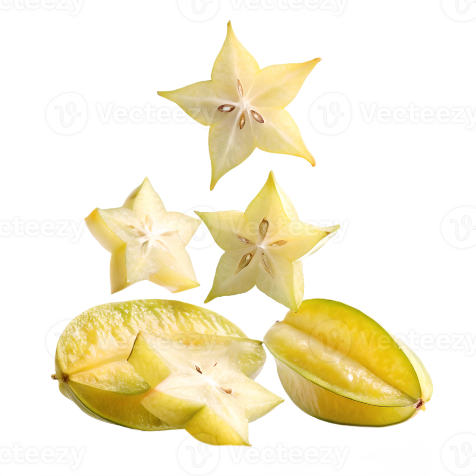 Falling Starfruit Slices Studio Shot Transparent Background png