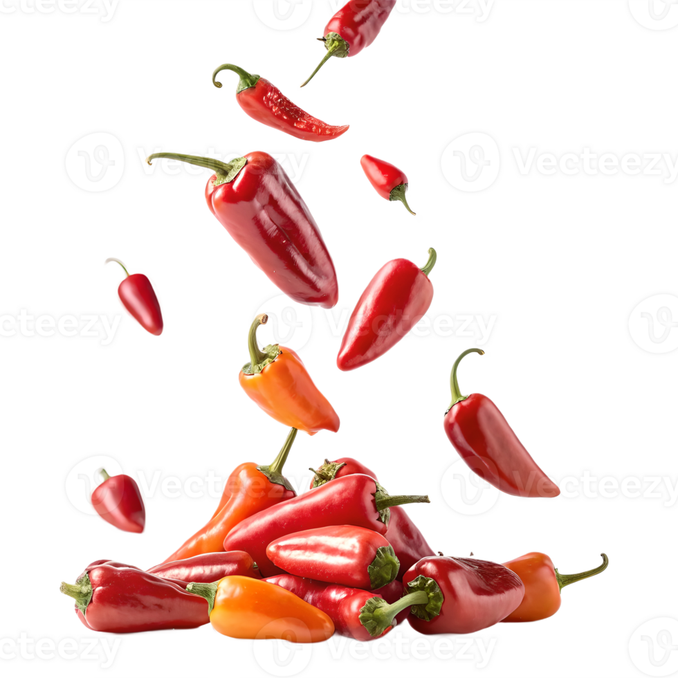 Falling Red and Orange Chili Peppers on Transparent Background png