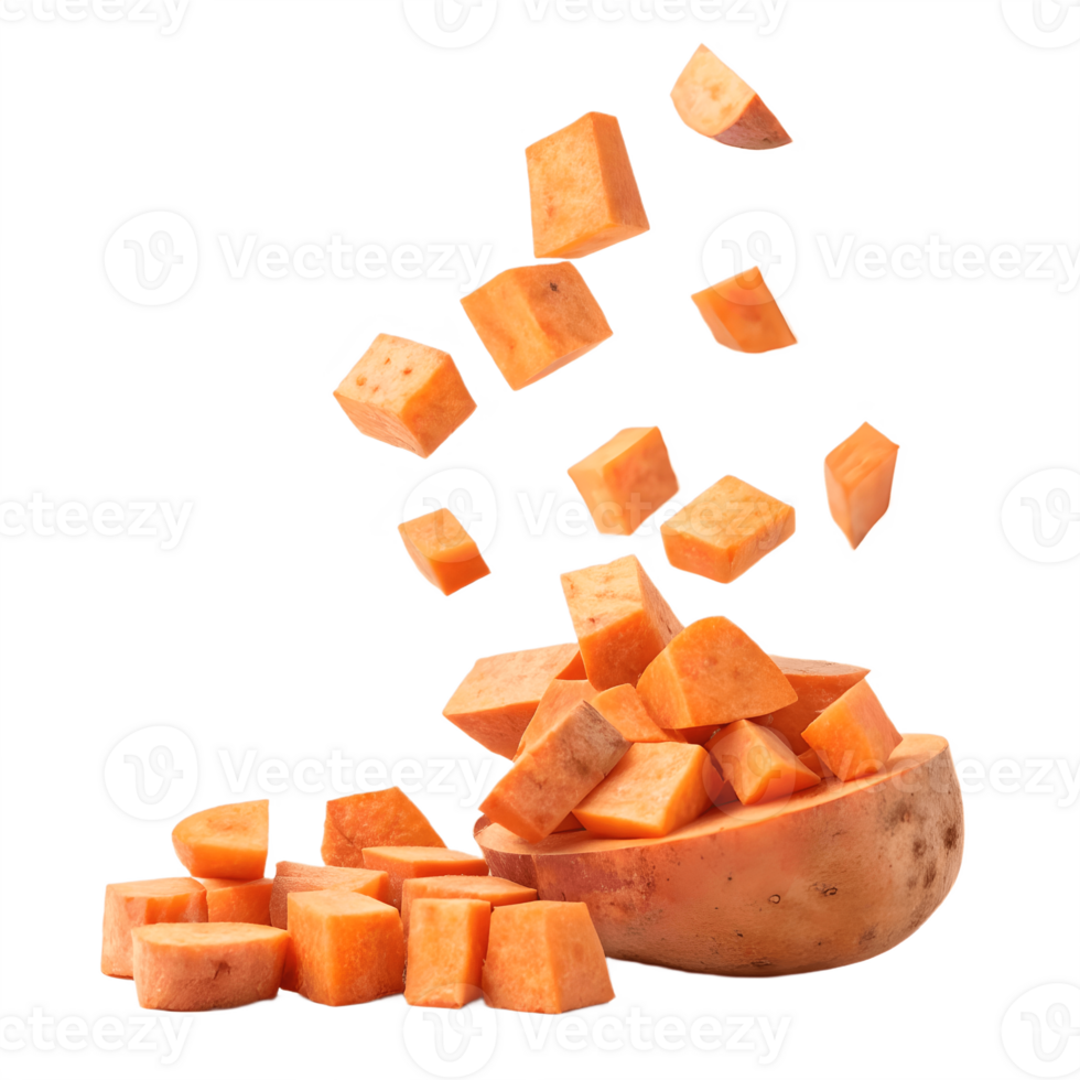Floating Sweet Potato Cubes Falling into Bowl Transparent Background png