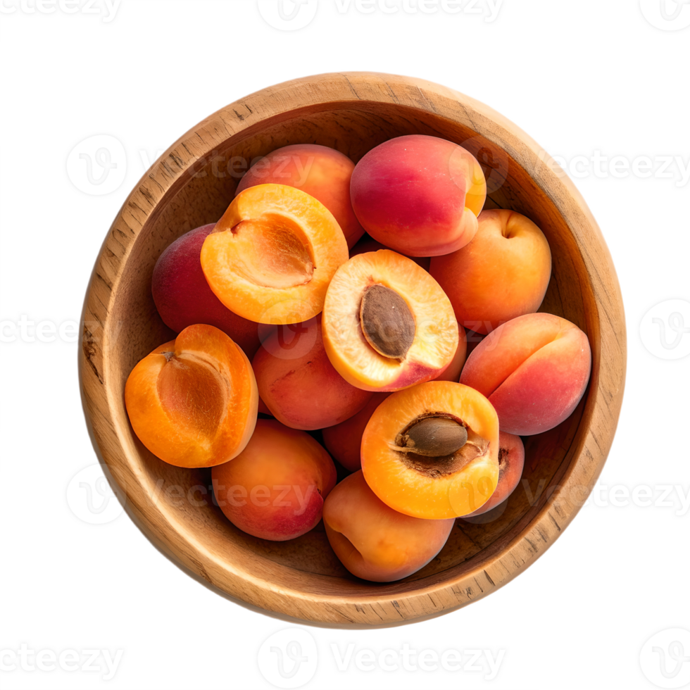 Juicy Apricots in Wooden Bowl Overhead View Transparent Background png