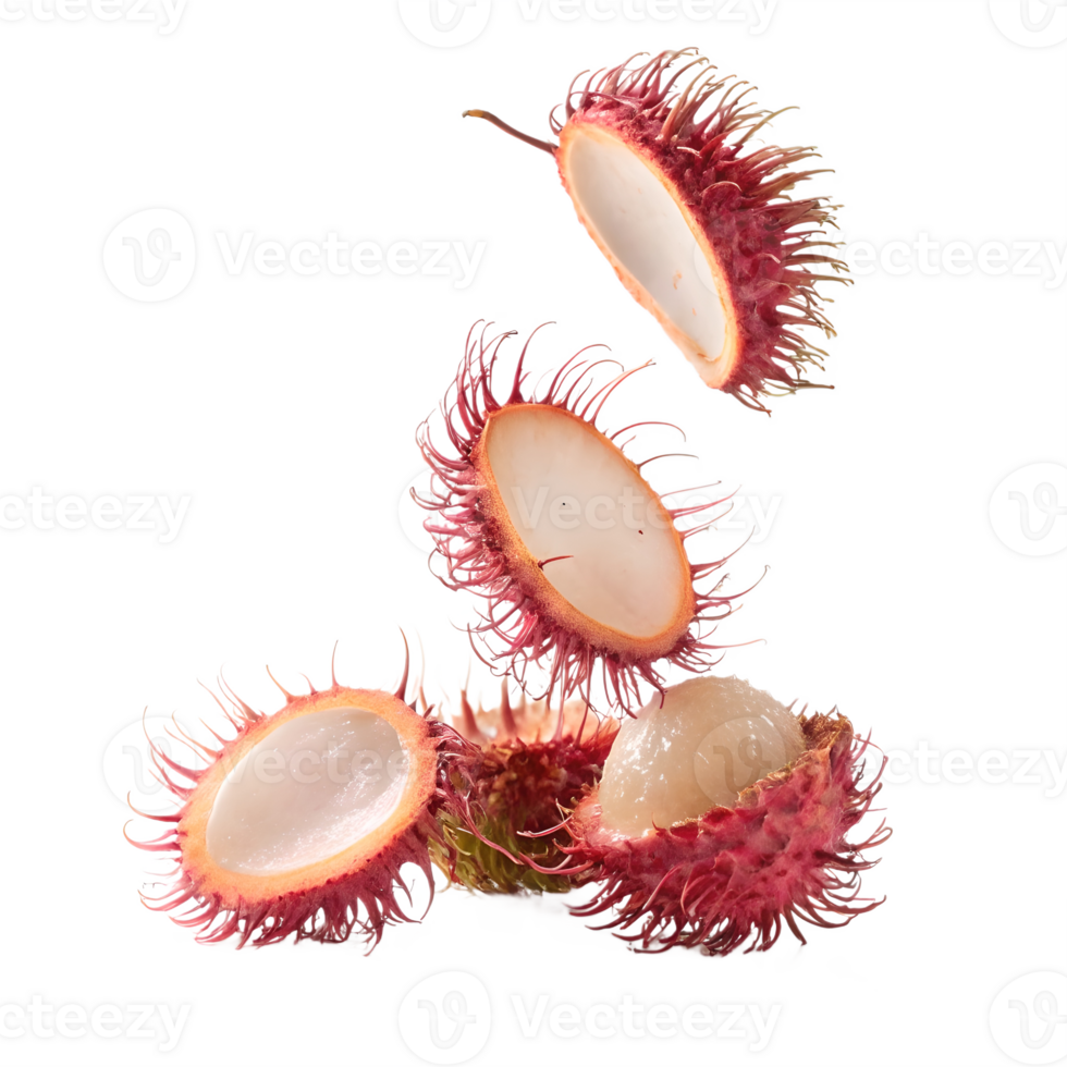 Floating Rambutan Halves in Mid Air Transparent Background png